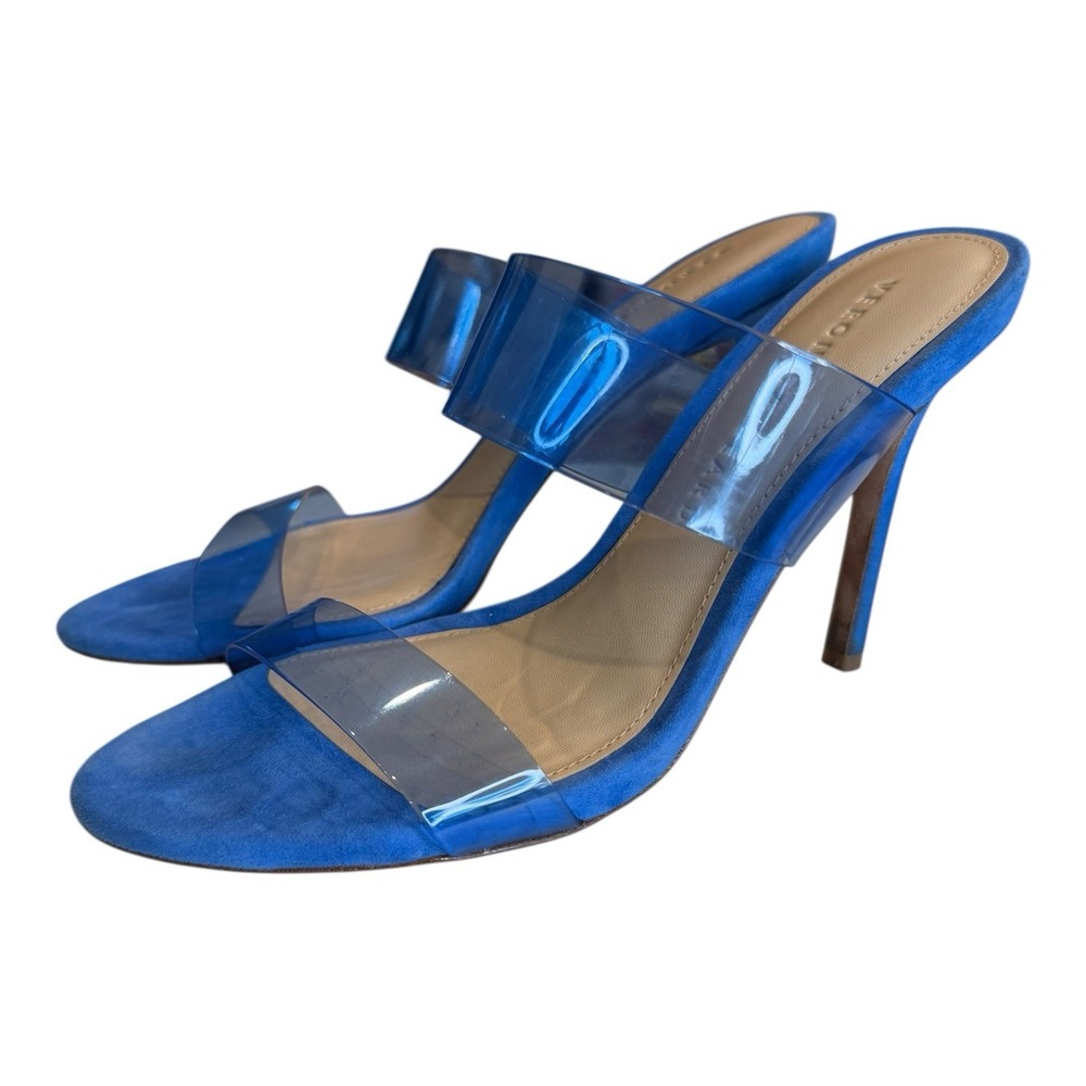 Veronica Beard Asha Stiletto Sandal Cobalt Women Suede Base PVC Clear Straps 5M